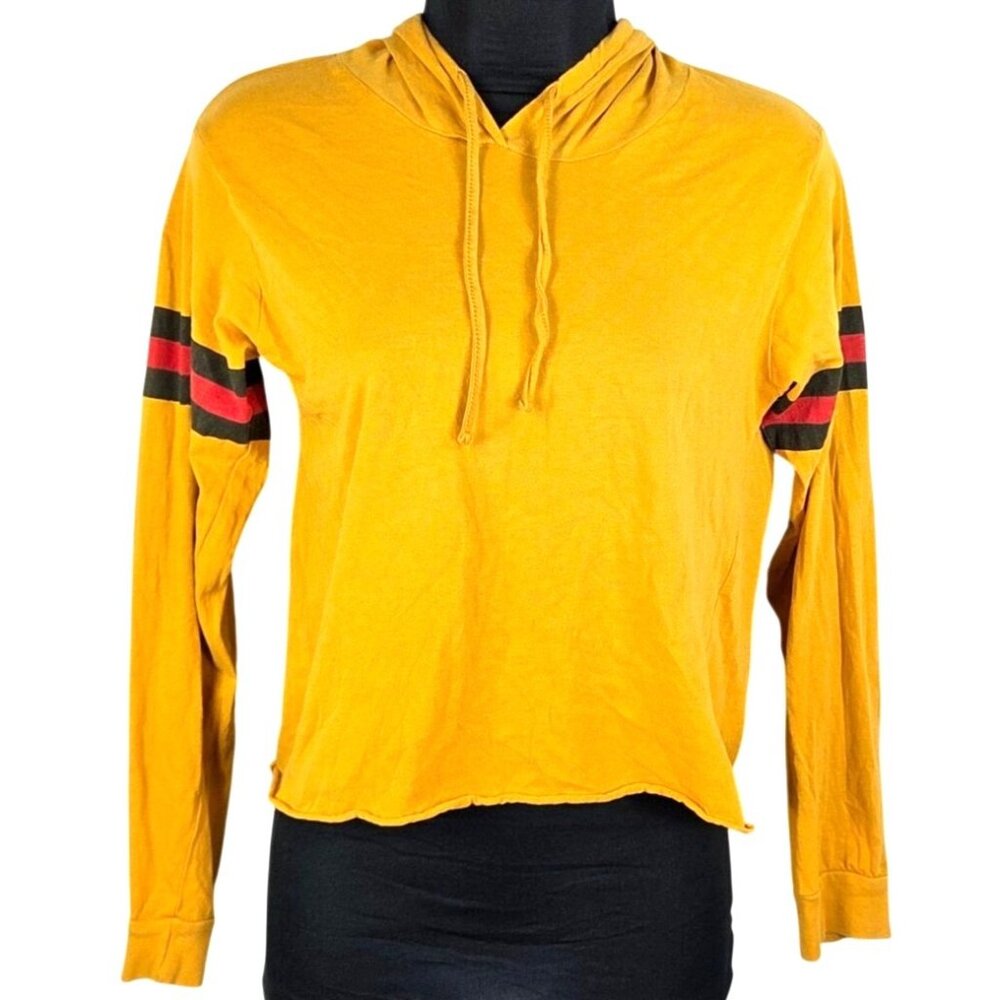 On Fire Mustard Yellow Hooded Long Sleeve Shirt With Striped Bands on Sleeves  J